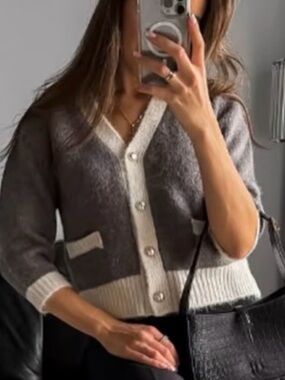 Zara Gray Cardigan with Cream Trim and Pearl Buttons